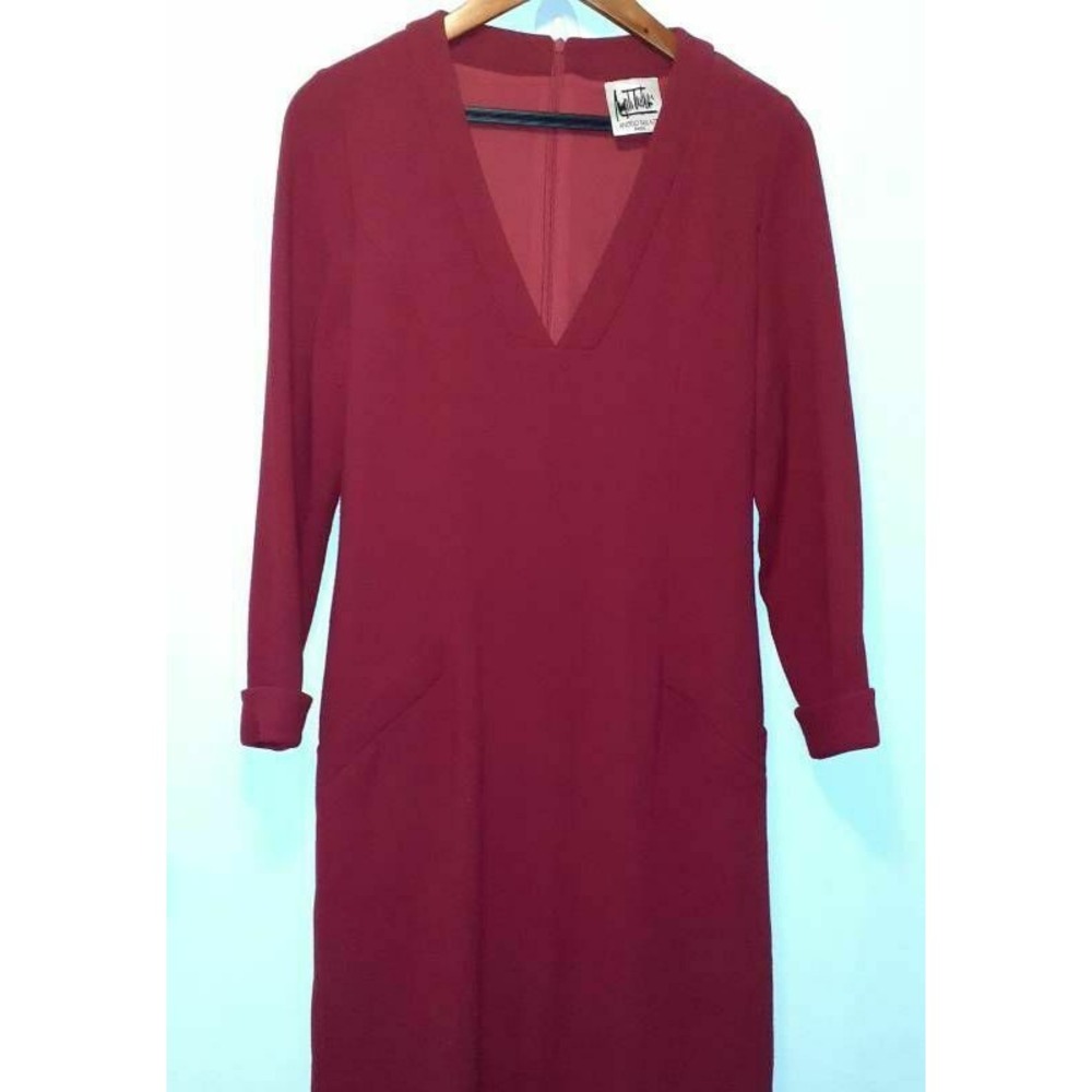 Angelo Tarlazzi Womans 40 US‎ 8 Wool Sheath Dress Red Knee V Neck Long Sleeve